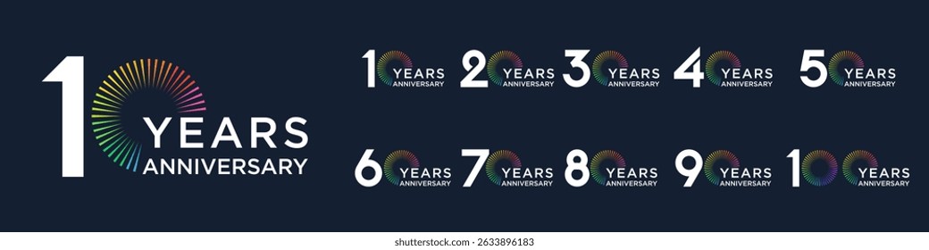 set of 10 to 100th anniversary logotype design, with colorful fireworks for celebration event, wedding, and birthday, vector illustration