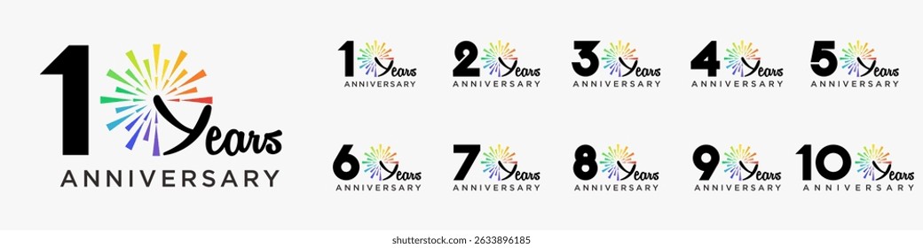 set of 10 to 100th anniversary logotype design, with colorful fireworks for celebration event, wedding, and birthday, vector illustration
