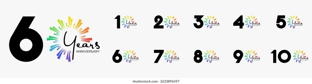 set of 10 to 100th anniversary logotype design, with colorful fireworks for celebration event, wedding, and birthday, vector illustration