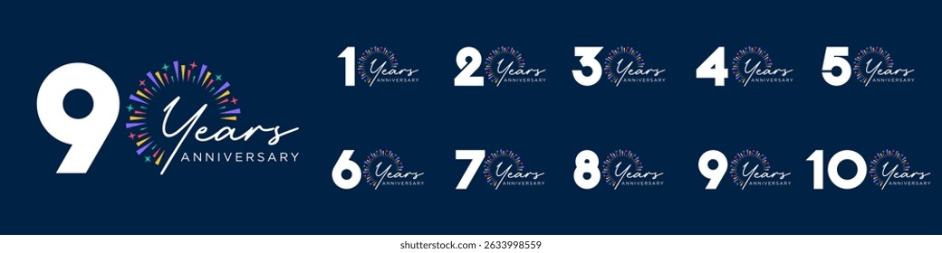 set of 10 to 100th anniversary logotype design, with colorful fireworks for celebration event, wedding, and birthday, vector illustration