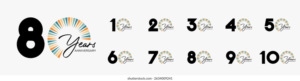 Conjunto de diseño de logotipo de 10 a 100 años, con fuegos artificiales de colores para eventos de celebración, bodas y cumpleaños, Ilustración vectorial