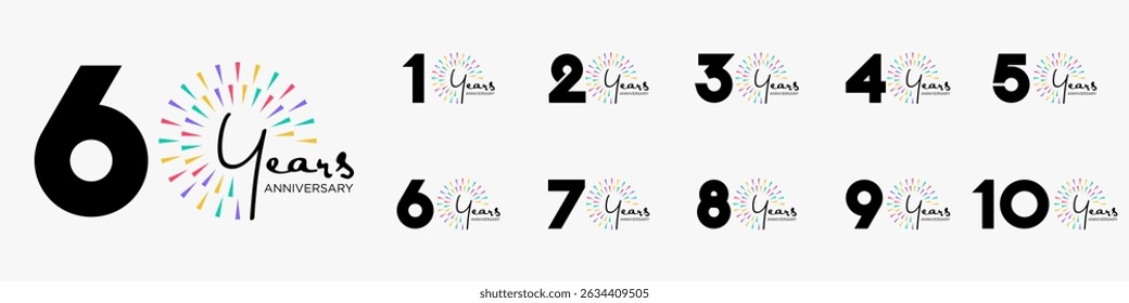 set of 10 to 100th anniversary logotype design, with colorful fireworks for celebration event, wedding, and birthday, vector illustration