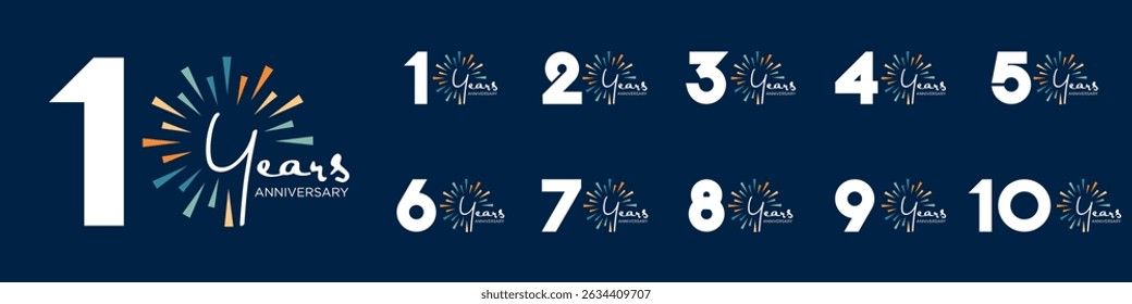 set of 10 to 100th anniversary logotype design, with colorful fireworks for celebration event, wedding, and birthday, vector illustration