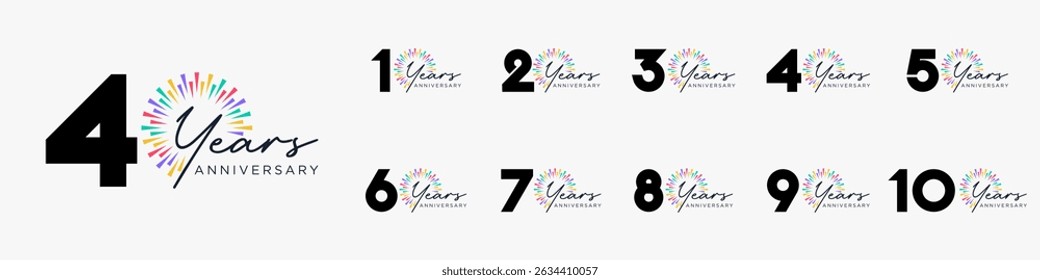 Conjunto de diseño de logotipo de 10 a 100 años, con fuegos artificiales de colores para eventos de celebración, bodas y cumpleaños, Ilustración vectorial