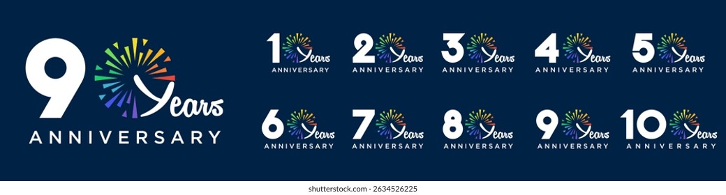 conjunto de 10 a 100o aniversário logotipo design, com fogos de artifício coloridos para evento de celebração, casamento, e aniversário, ilustração vetorial
