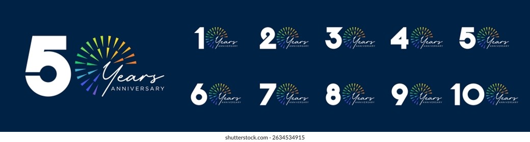set of 10 to 100th anniversary logotype design, with colorful fireworks for celebration event, wedding, and birthday, vector illustration