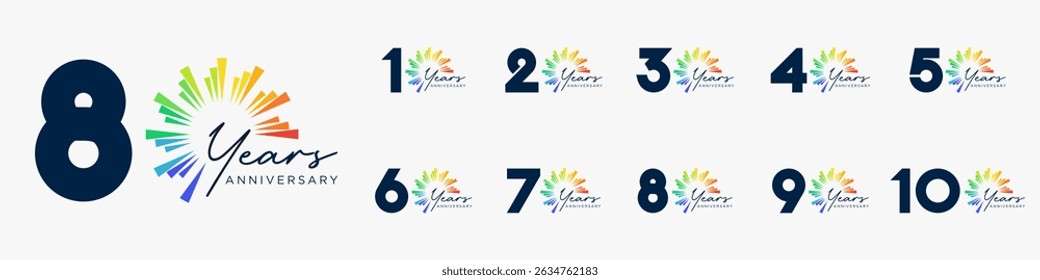 set of 10 to 100th anniversary logotype design, with colorful fireworks for celebration event, wedding, and birthday, vector illustration