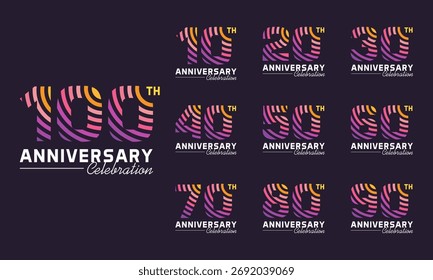 Set of a 10 to 100th Anniversary logotype design for celebration moment, wedding, greeting card, and invitation, vector illustration