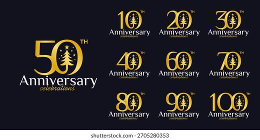 Set of a 10 to 100th Anniversary logotype design with Christmas tree vector illustration. Symbol icon for celebration moment Christmas and new years, wedding, greeting card, and invitation.