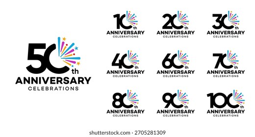 Set of a 10 to 100th Anniversary logotype design with colorful explosion vector illustration. Symbol icon for celebration moment, wedding, greeting card, and invitation.