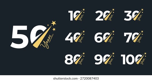 Conjunto de un diseño de logotipo de 10 a 100 aniversario con Ilustración vectorial de estrella. Icono del símbolo para el momento de la celebración, la boda, la tarjeta de felicitación, y la invitación.