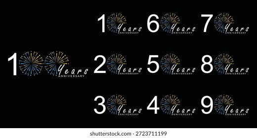 Conjunto de diseño de logotipo de 10 a 100 años, con fuegos artificiales de colores para eventos de celebración, bodas y cumpleaños, Ilustración vectorial