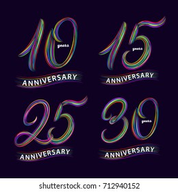 Set of 10, 15, 25, 30 years anniversary. Hand written lettering numbers. Anniversary celebration background for card, poster, print. Trendy colorful style. Isolated on background. Vector illustration. svg
