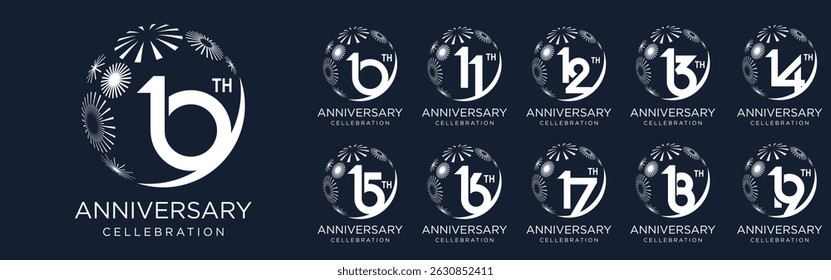 set of 10 to 19th anniversary logotype design, with white color fireworks for celebration event, wedding, and birthday, vector illustration