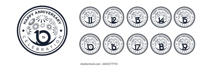 set of 10 to 19th anniversary logotype design, with black color fireworks for celebration event, wedding, and birthday, vector illustration