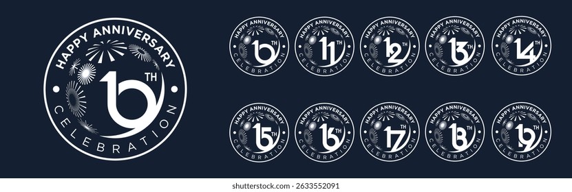 set of 10 to 19th anniversary logotype design, with white color fireworks for celebration event, wedding, and birthday, vector illustration