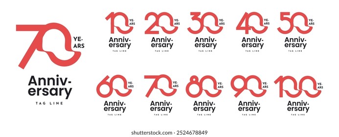 Set 10 20 30 to 100 years anniversary vector template design