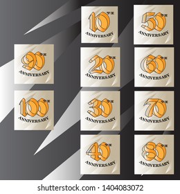 set 10, 20, 30, 40, 50, 60, 70, 80, 90, 100 th anniversary sign or emblem. Template for celebration and congratulation design. Vector illustration.