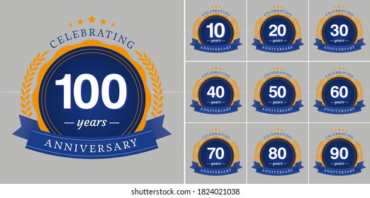 Set 10, 20, 30, 40, 50, 60, 70, 80, 90, 100100 Jahre Logo mit blauem Rahmen und blauem Band