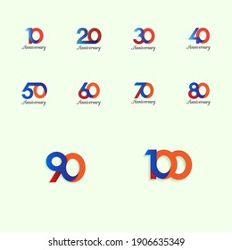 SET 10, 20, 30, 40, 50, 60, 70, 80, 90, 100 Year Anniversary Vector Template Design Illustration