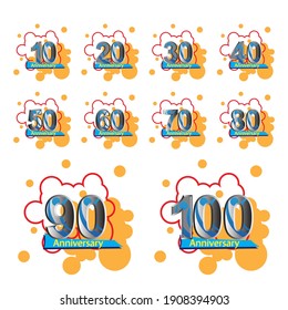 set 10, 20, 30, 40, 50, 60, 70, 80, 90, 100 Year Anniversary Vector Template Design Illustration