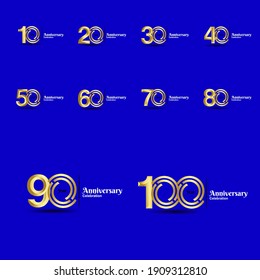 set 10, 20, 30, 40, 50, 60, 70, 80, 90, 100 Aniversario de diseño de lujosos antecedentes azules reales. Ilustración festiva vectorial. La decoración de la fiesta de cumpleaños o boda.