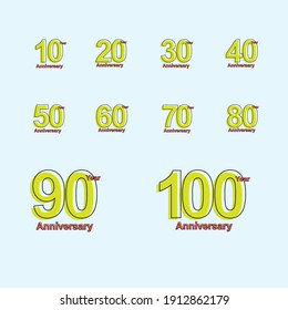 SET 10, 20, 30, 40, 50, 60, 70, 80, 90, 100 anniversary logotype template design for banner, poster, card vector illustrator