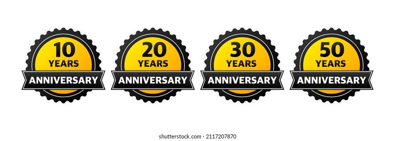 Set of 10, 20, 30, 40 years anniversary gold button, label, logo on black backgrouund. Vector illustration.