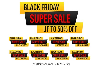 Set von 10, 20, 30, 40, 50,60, 70, 80, 90% Rabatt für Black Friday Banner. Modernes Design, schwarz und gelb. Vorlage für Werbung, Werbung.