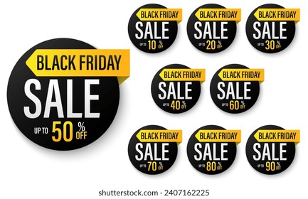 Set of 10, 20, 30, 40, 50,60, 70, 80, 90% discount for Black Friday banner. Modern design black, and yellow. Template for promotion, advertising.