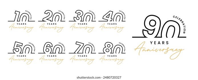 Set 10 20 30 to 90 years anniversary template design