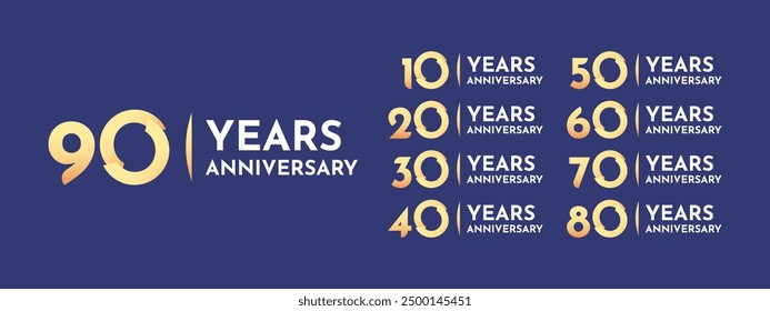 Set 10 20 30 to 90 years anniversary logo concept design