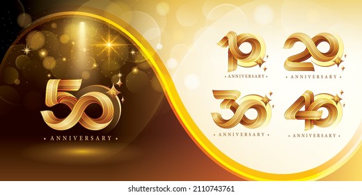 Set Of 10 To 50 Years Anniversary Logotype Design, Celebrate Anniversary Logo. Gold Twist Infinity Multiple Line With Star For Celebration, Invitation, Greeting, 10, 20, 30 ,40, 50 Year Infinity Loop