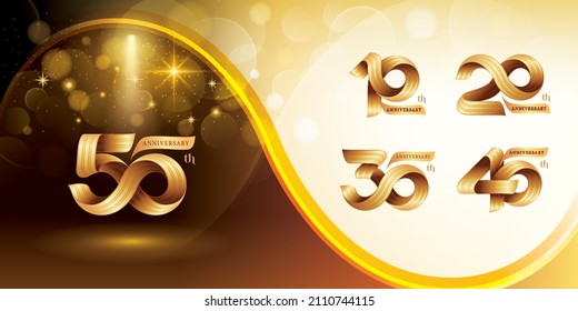 Set of 10 to 50 years Anniversary logotype design, Celebrate Anniversary Logo. Twist Infinity three line golden for celebration event, invitation, greeting, 10, 20, 30 ,40, 50 year Infinity loop logo