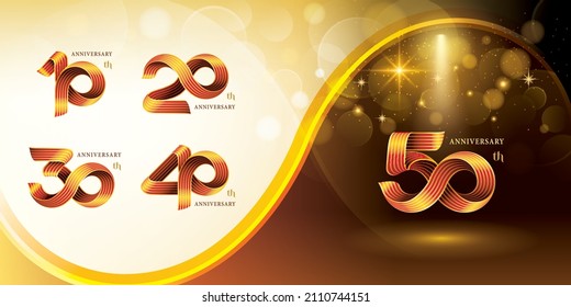 Set of 10 to 50 years Anniversary logotype design, Celebrate Anniversary Logo. Gold Twist Infinity multiple line for celebration event, invitation, greeting, 10, 20, 30 ,40, 50 year Infinity loop logo