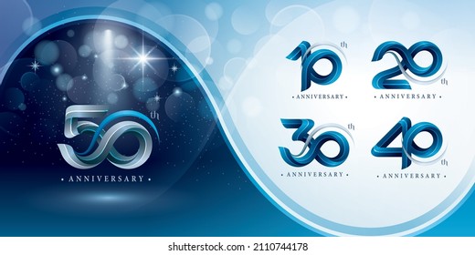 Set of 10 to 50 years Anniversary logotype design, Celebrate Anniversary Logo. Blue Twist Infinity multiple line for celebration event, invitation, greeting, 10, 20, 30 ,40, 50 year Infinity loop logo