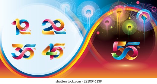 Set of 10 to 50 years Anniversary Colorful logo design, Abstract Twist Infinity multiple line Colorful Ribbon for invitation, Color Celebration Logo. 10,20,30,40,50 year Twisted Infinity logo number