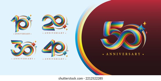 Set of 10 to 50 years Anniversary Colorful logotype design, Abstract Twist Infinity multiple line Rainbow with Star for invitation, LGBT Festival Party. 10,20,30,40,50 year Twist Infinity logo number