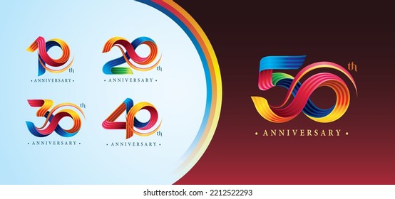 Juego de 10 a 50 años de diseño de logotipo colorido, Abstract Twist Infinity Tres líneas Curvadas coloridas para invitación, Logo de celebración de color. 10,20,30,40,50 años número de logotipo de Twisted Infinity