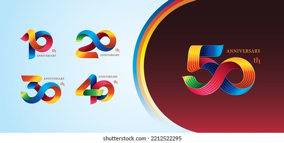 Set of 10 to 50 years Anniversary Colorful logotype design, Abstract Twist Infinity multiple line Colorful for invitation, Color Celebration Logo. 10,20,30,40,50 year Twisted Infinity loop logo number