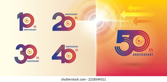 Set of 10 to 50 years Anniversary logotype design, Ten to Fifty years Celebrate Anniversary Logo multiple line for celebration, invitation, 10,20,30 ,40, 50, Arrow, Target Sign logo, Growth to Success