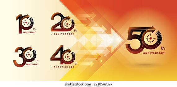 Set of 10 to 50 years Anniversary logotype design, Ten to Fifty years Celebrate Anniversary Logo multiple line for celebration, invitation, 10,20,30 ,40, 50, Arrow, Target Sign logo, Growth to Success