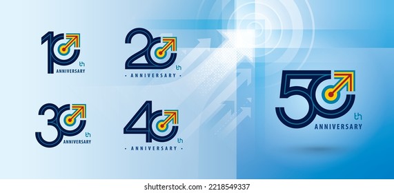 Set of 10 to 50 years Anniversary logotype design, Ten to Fifty years Celebrate Anniversary Logo multiple line for celebration, invitation, 10,20,30 ,40, 50, Arrow, Target Sign logo, Growth to Success