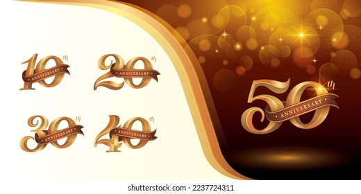 Set of 10 to 50 years Anniversary logotype design, Ten to Fifty years Celebrating Anniversary Logo, Gold Elegant Classic Logo Celebration Ribbon, 10,20,30,40,50 Luxury and Retro Serif Number Letters.