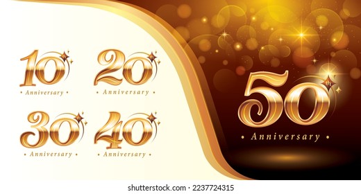 Set of 10 to 50 years Anniversary logotype design, Ten to Fifty years Celebrating Anniversary Logo, Golden Elegant Classic Logo with Star, 10, 20, 30, 40, 50 Luxury and Retro Serif Number Letters,