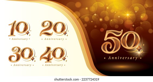 Set of 10 to 50 years Anniversary logotype design, Ten to Fifty years Celebrating Anniversary Logo, Luxury Golden Elegant Classic Logo with Star, 10,20,30,40,50 Retro Serif Number Letters, Celebration