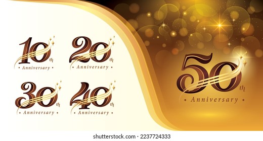 Set of 10 to 50 years Anniversary logotype design, Ten to Fifty years Celebrating Anniversary Logo, Gold curved lines Star Elegant Classic Logo, 10,20,30,40,50 Luxury and Retro Serif Number Letters,