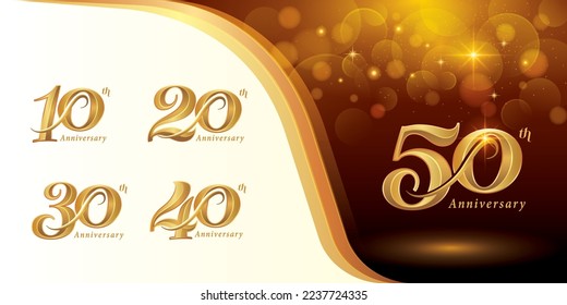 Set of 10 to 50 years Anniversary logotype design, Ten to Fifty years Celebrating Anniversary Logo, Gold Elegant Classic Logo for Celebration, 10, 20, 30, 40, 50 Luxury and Retro Serif Number Letters,