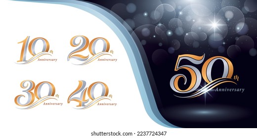 Juego de diseños de logotipo de 10 a 50 años, Logotipo de 10 a 50 años de celebración del aniversario, Celebración del logotipo Silver y Gold Elegant Classic, 10,20,30,40,50, Letras numéricas de lujo y de serie retro,