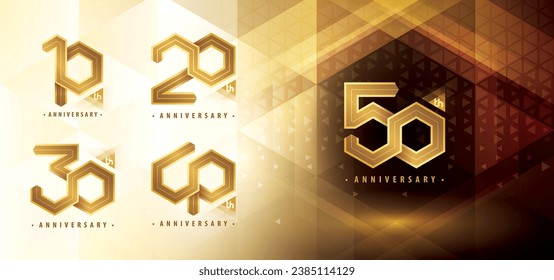 Set of 10 to 50 years Anniversary logo design, Ten to Fifty years anniversary celebration. Abstract Hexagon Infinity Border Line, 10,20,30,50 Years Logo golden for event. Polygon Geometric Hex Numbers